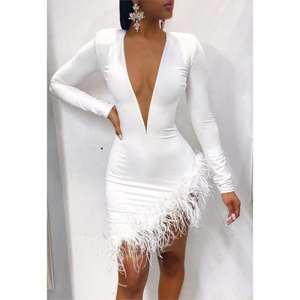 Women Faxu Feather Long Sleeve Dress Irregular Bodycon Mini Dress Sexy V Neck Black White Plunge Vestidos Party Dresses Winter - Takalr