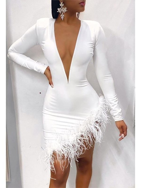 Women Faxu Feather Long Sleeve Dress Irregular Bodycon Mini Dress Sexy V Neck Black White Plunge Vestidos Party Dresses Winter - Takalr