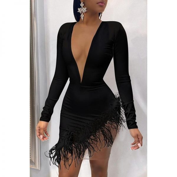 Women Faxu Feather Long Sleeve Dress Irregular Bodycon Mini Dress Sexy V Neck Black White Plunge Vestidos Party Dresses Winter - Takalr