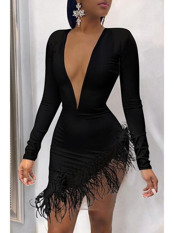 Women Faxu Feather Long Sleeve Dress Irregular Bodycon Mini Dress Sexy V Neck Black White Plunge Vestidos Party Dresses Winter - Takalr