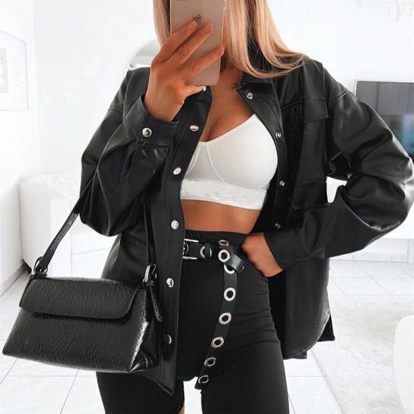 Women Faxu Leather Jacket Coat Streetwear Single Breasted Pocket Pu Leather Jacket Fashion Overcoat for Femme - Takalr