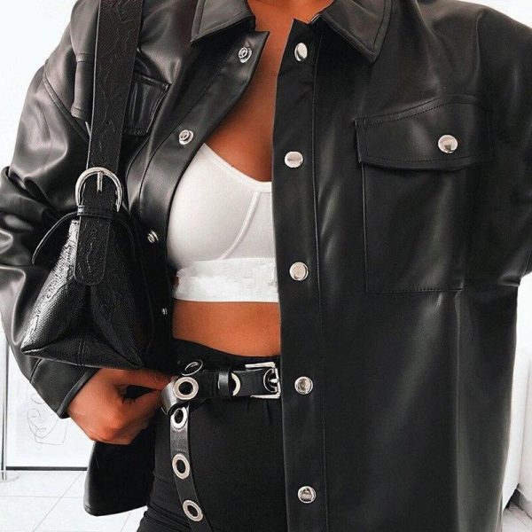 Women Faxu Leather Jacket Coat Streetwear Single Breasted Pocket Pu Leather Jacket Fashion Overcoat for Femme - Takalr