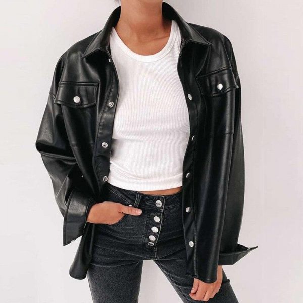 Women Faxu Leather Jacket Coat Streetwear Single Breasted Pocket Pu Leather Jacket Fashion Overcoat for Femme - Takalr