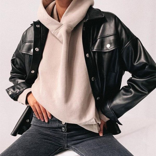 Women Faxu Leather Jacket Coat Streetwear Single Breasted Pocket Pu Leather Jacket Fashion Overcoat for Femme - Takalr