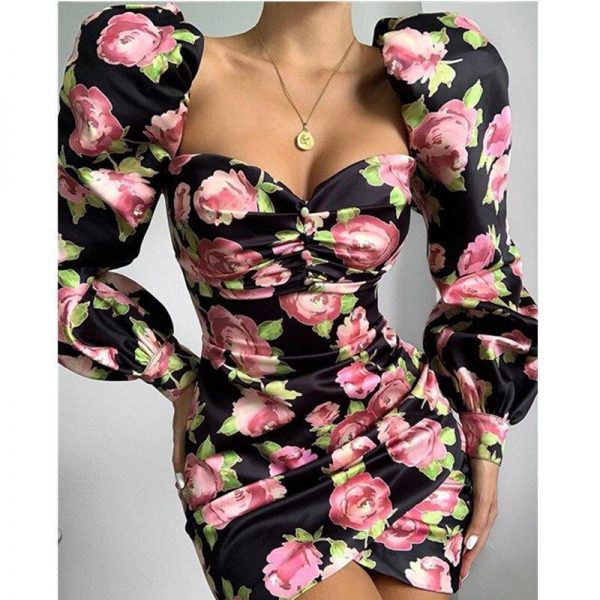 Women Floral Print Long Sleeve Party Mini Dress Sexy Sheath Club Wear Slash Neck Dresses - Takalr