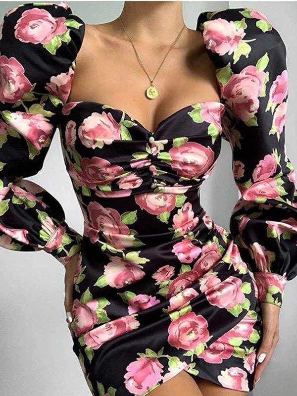 Women Floral Print Long Sleeve Party Mini Dress Sexy Sheath Club Wear Slash Neck Dresses - Takalr