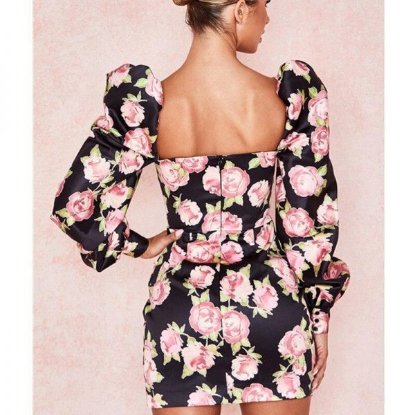 Women Floral Print Long Sleeve Party Mini Dress Sexy Sheath Club Wear Slash Neck Dresses - Takalr