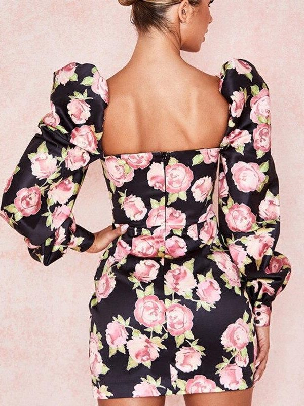 Women Floral Print Long Sleeve Party Mini Dress Sexy Sheath Club Wear Slash Neck Dresses - Takalr