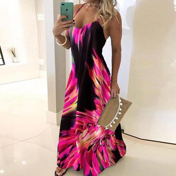 Women Floral Printed Sexy Boho Dress Spaghetti Strap Sleeveless Long Maxi Dress Summer Backless Beach Party Robe Femme - Takalr