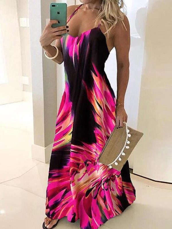 Women Floral Printed Sexy Boho Dress Spaghetti Strap Sleeveless Long Maxi Dress Summer Backless Beach Party Robe Femme - Takalr