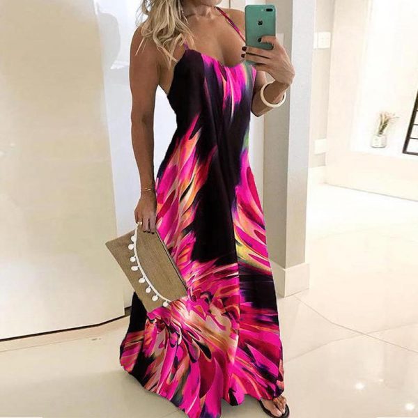 Women Floral Printed Sexy Boho Dress Spaghetti Strap Sleeveless Long Maxi Dress Summer Backless Beach Party Robe Femme - Takalr