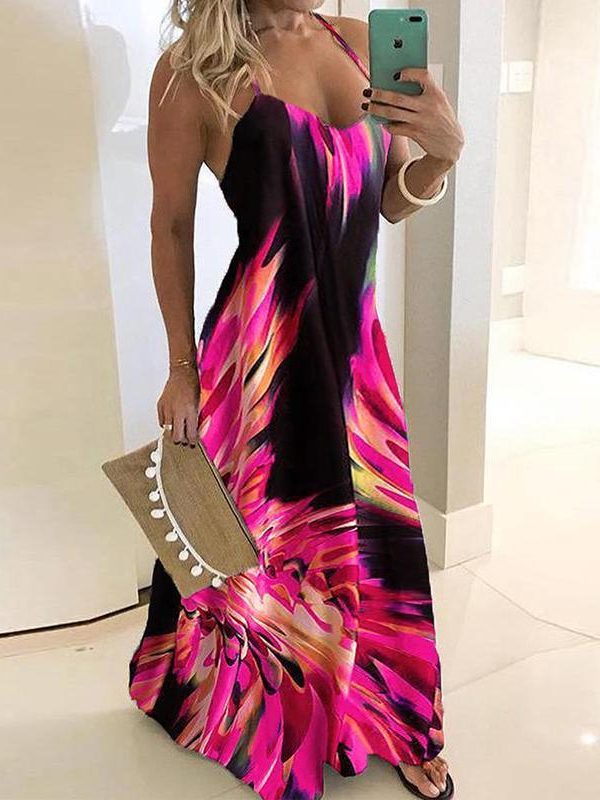 Women Floral Printed Sexy Boho Dress Spaghetti Strap Sleeveless Long Maxi Dress Summer Backless Beach Party Robe Femme - Takalr