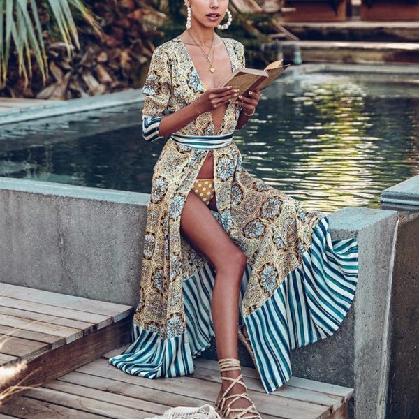 Women Flower Striped Print Boho Dress Sashes Wrap Dress Summer Slit Long Sleeve Beach Maxi Dresses Vintage Robe Femme - Takalr