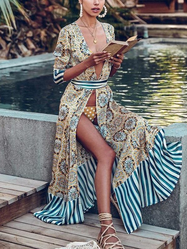 Women Flower Striped Print Boho Dress Sashes Wrap Dress Summer Slit Long Sleeve Beach Maxi Dresses Vintage Robe Femme - Takalr