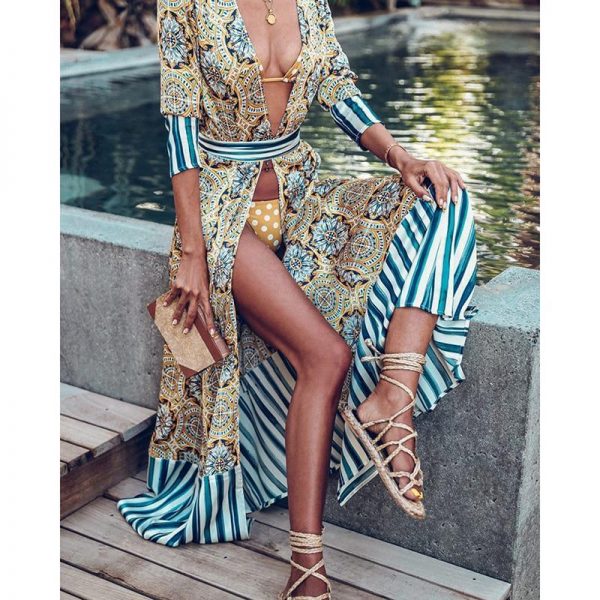 Women Flower Striped Print Boho Dress Sashes Wrap Dress Summer Slit Long Sleeve Beach Maxi Dresses Vintage Robe Femme - Takalr