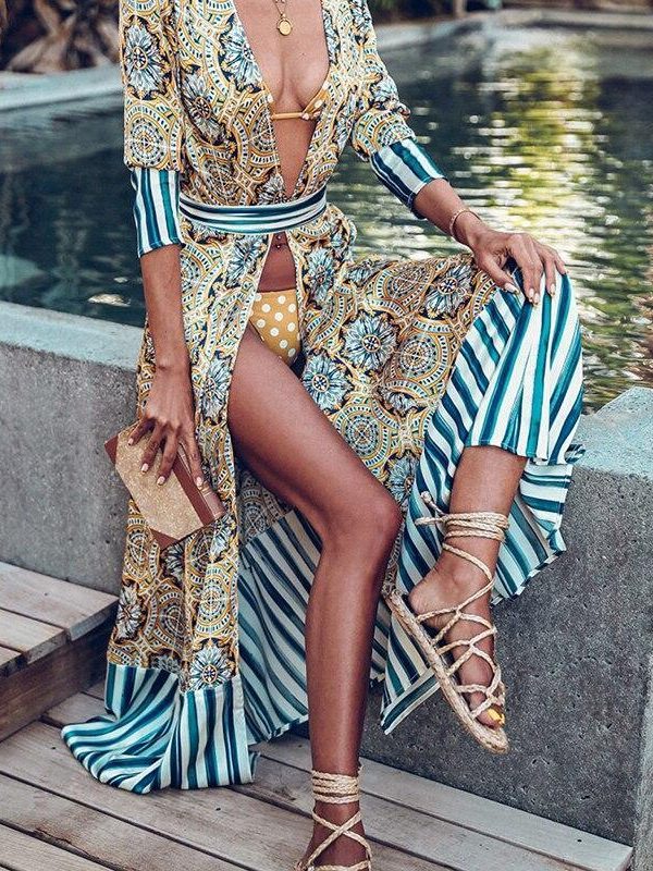 Women Flower Striped Print Boho Dress Sashes Wrap Dress Summer Slit Long Sleeve Beach Maxi Dresses Vintage Robe Femme - Takalr