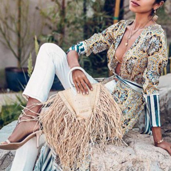 Women Flower Striped Print Boho Dress Sashes Wrap Dress Summer Slit Long Sleeve Beach Maxi Dresses Vintage Robe Femme - Takalr