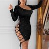 Women Glitter Lace-Up Dress Long Sleeve Backless Sexy Night Out Club Party Dress Bodycon Stretchy Mini Dresses Vestidos - Takalr