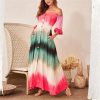 Women Gradation Color Off Shoulder Long Dress Single Breasted Long Sleeve Maxi Dress with Pocket Casual Summer Beach Robe Femme - Takalr