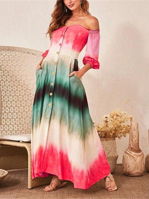 Women Gradation Color Off Shoulder Long Dress Single Breasted Long Sleeve Maxi Dress with Pocket Casual Summer Beach Robe Femme - Takalr