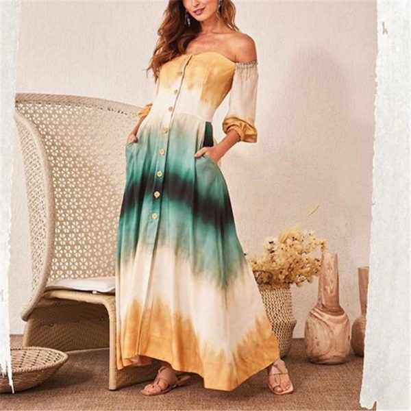 Women Gradation Color Off Shoulder Long Dress Single Breasted Long Sleeve Maxi Dress with Pocket Casual Summer Beach Robe Femme - Takalr