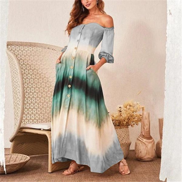 Women Gradation Color Off Shoulder Long Dress Single Breasted Long Sleeve Maxi Dress with Pocket Casual Summer Beach Robe Femme - Takalr