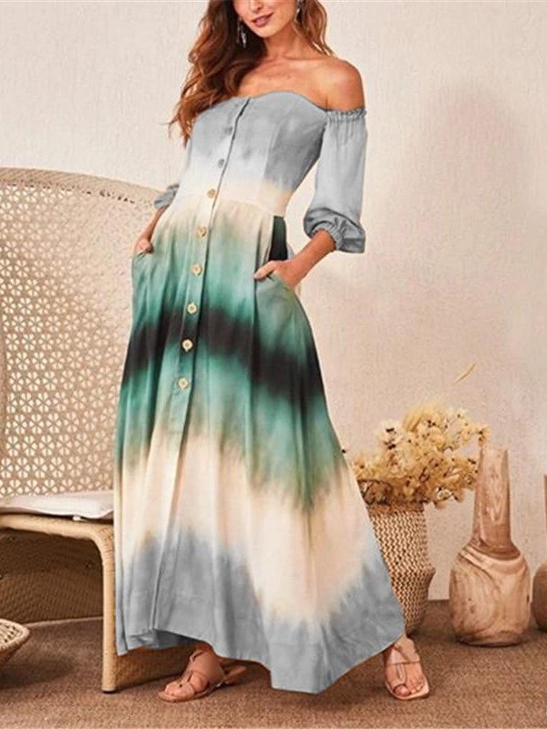 Women Gradation Color Off Shoulder Long Dress Single Breasted Long Sleeve Maxi Dress with Pocket Casual Summer Beach Robe Femme - Takalr