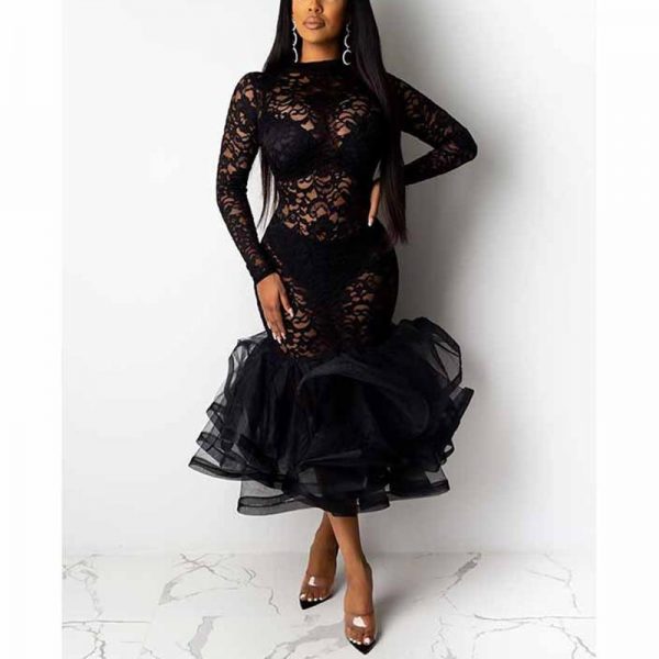 Women Hollow Out Dress Spring Winter Long Sleeve Dress Lace Ruffles High Waist Dresses Formal Party Bodycon Midi Vestidos - Takalr