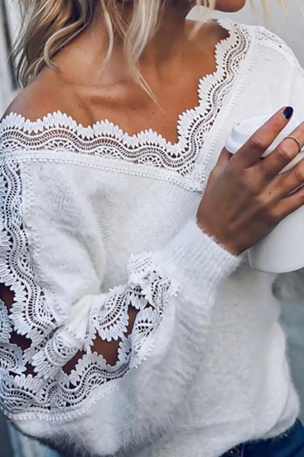 Women Hollow Out Lace Patchwork White Shirt Winter 2019 Casual Loose Long Sleeve Shirt Femme Blusa - Takalr