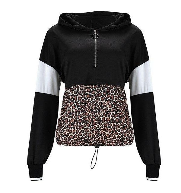 Women Hoodies Casual Sweatshirt for Women Leopard Printed Patchwork Zipper Pullovers Casual Sweatshirts - Takalr