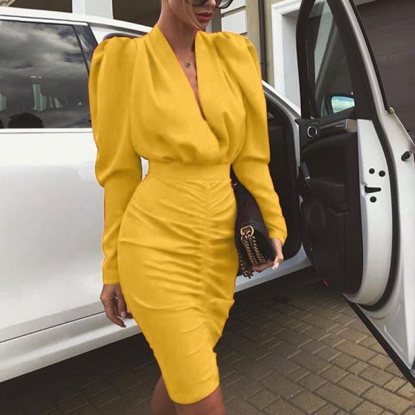 Women Leg-of-Mutton Sleeve Plunge Party Dress Slim Waist Ruched Bodycon Dress Solid Yellow Red Black Robe Femme - Takalr