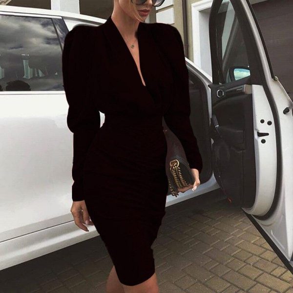 Women Leg-of-Mutton Sleeve Plunge Party Dress Slim Waist Ruched Bodycon Dress Solid Yellow Red Black Robe Femme - Takalr