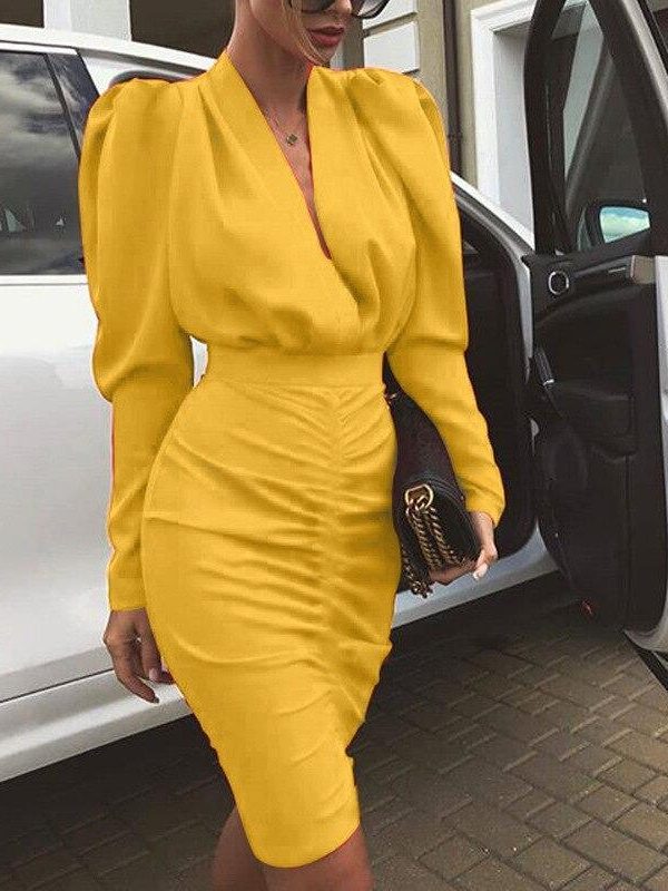 Women Leg-of-Mutton Sleeve Plunge Party Dress Slim Waist Ruched Bodycon Dress Solid Yellow Red Black Robe Femme - Takalr