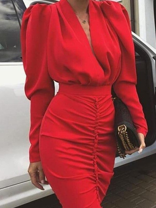 Women Leg-of-Mutton Sleeve Plunge Party Dress Slim Waist Ruched Bodycon Dress Solid Yellow Red Black Robe Femme - Takalr