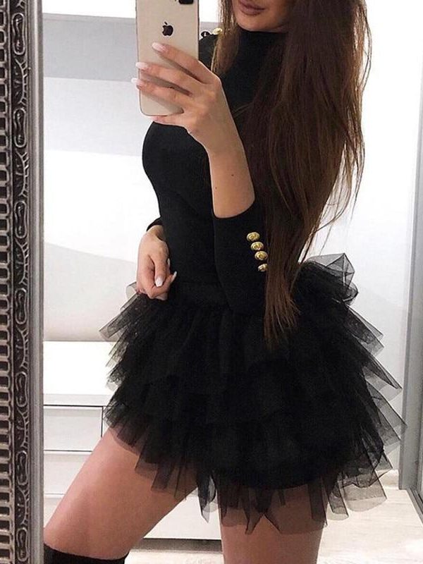 Women Long Sleeve Mesh Insert Black Dress Sexy Solid Mesh Organza Spliced Mini Dress Winter O-neck Mini Dresses - Takalr