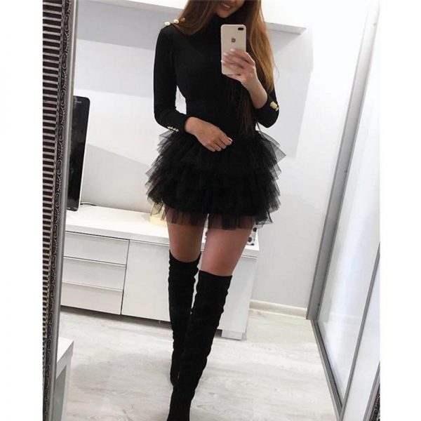 Women Long Sleeve Mesh Insert Black Dress Sexy Solid Mesh Organza Spliced Mini Dress Winter O-neck Mini Dresses - Takalr