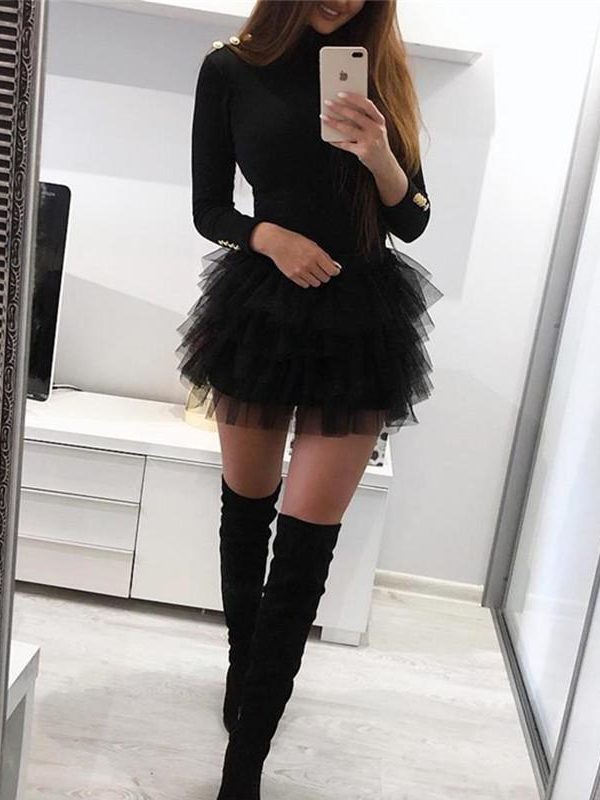 Women Long Sleeve Mesh Insert Black Dress Sexy Solid Mesh Organza Spliced Mini Dress Winter O-neck Mini Dresses - Takalr