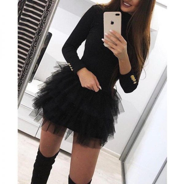 Women Long Sleeve Mesh Insert Black Dress Sexy Solid Mesh Organza Spliced Mini Dress Winter O-neck Mini Dresses - Takalr