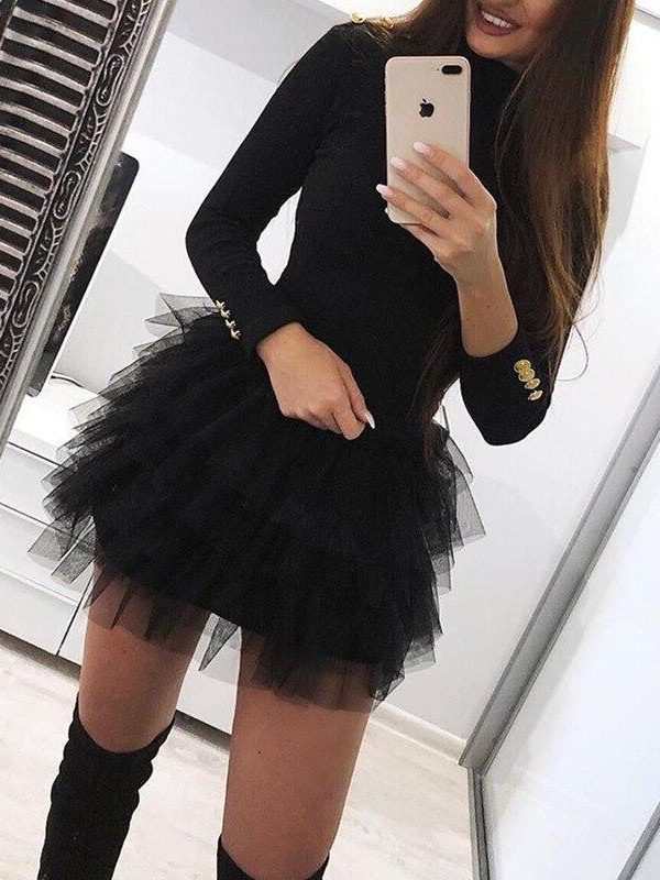 Women Long Sleeve Mesh Insert Black Dress Sexy Solid Mesh Organza Spliced Mini Dress Winter O-neck Mini Dresses - Takalr