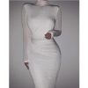 Women Long Sleeve Solid High Neck Bodycon Dress high waist slim ankle length sheath OL work dress - Takalr