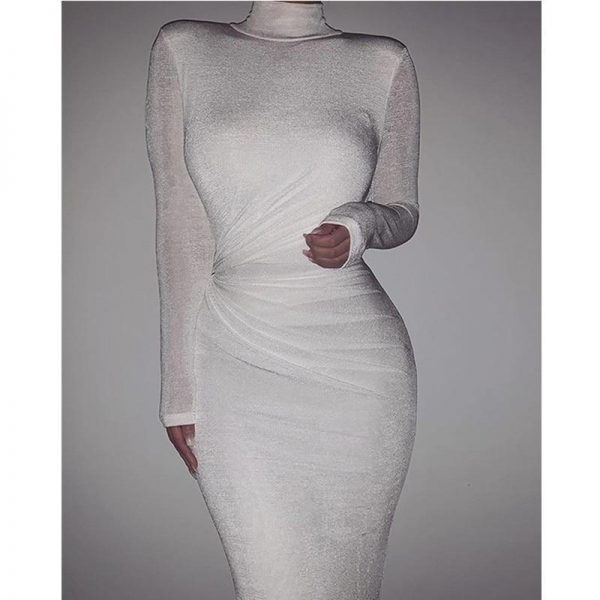 Women Long Sleeve Solid High Neck Bodycon Dress high waist slim ankle length sheath OL work dress - Takalr