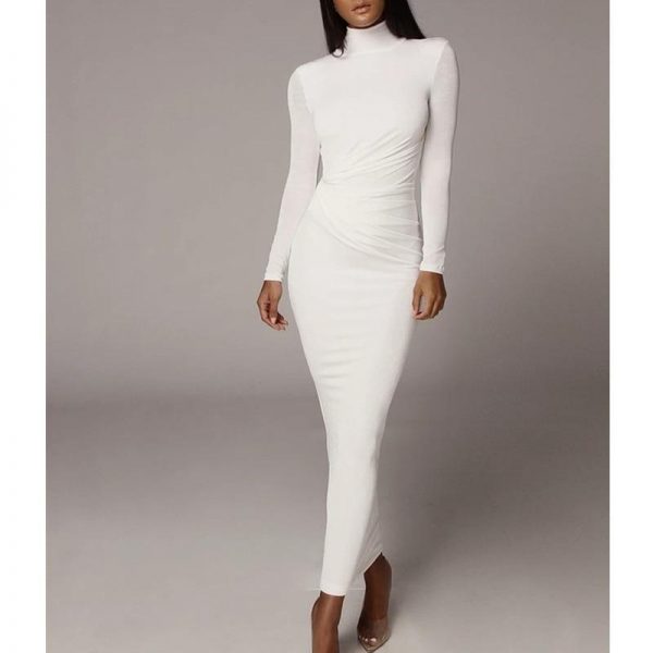 Women Long Sleeve Solid High Neck Bodycon Dress high waist slim ankle length sheath OL work dress - Takalr