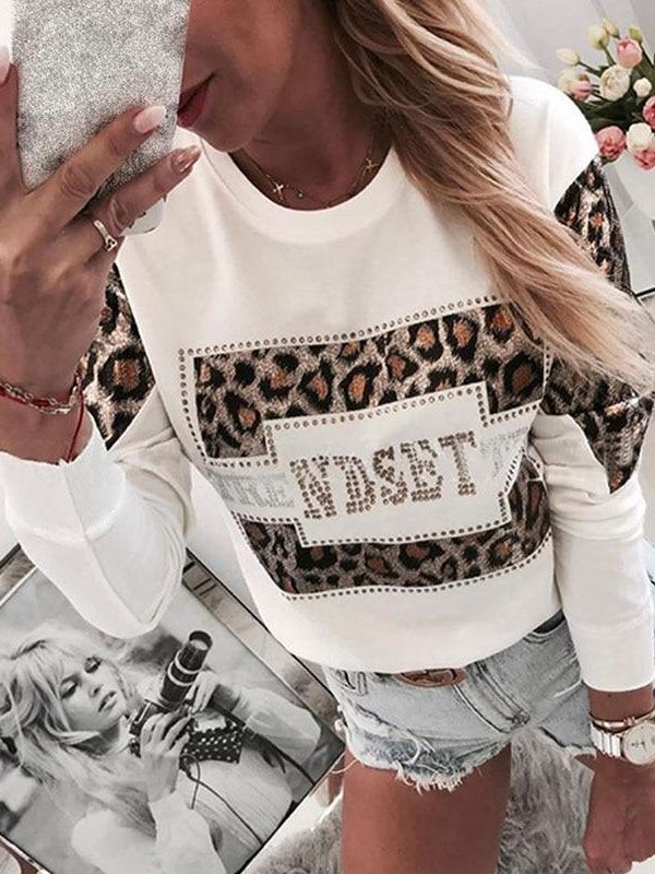 Women Long Sleeve T Shirt Leopard Print Rhinestone Embellished Detail Tops Casual O Neck Spring Tshirt - Takalr