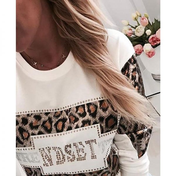 Women Long Sleeve T Shirt Leopard Print Rhinestone Embellished Detail Tops Casual O Neck Spring Tshirt - Takalr