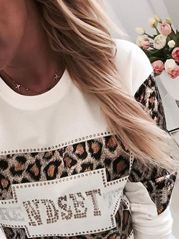 Women Long Sleeve T Shirt Leopard Print Rhinestone Embellished Detail Tops Casual O Neck Spring Tshirt - Takalr