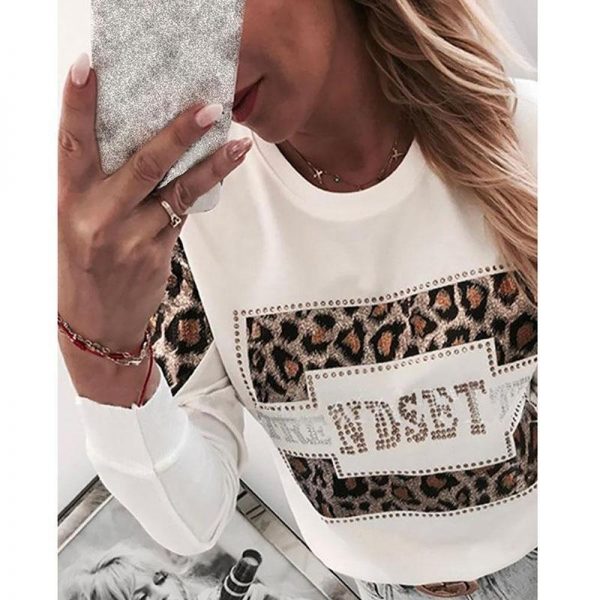 Women Long Sleeve T Shirt Leopard Print Rhinestone Embellished Detail Tops Casual O Neck Spring Tshirt - Takalr