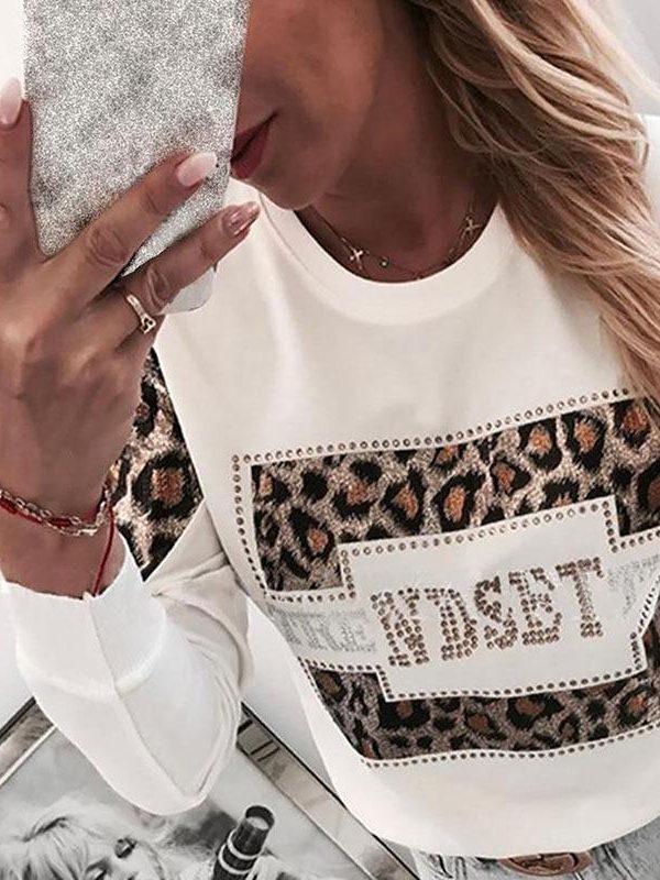 Women Long Sleeve T Shirt Leopard Print Rhinestone Embellished Detail Tops Casual O Neck Spring Tshirt - Takalr