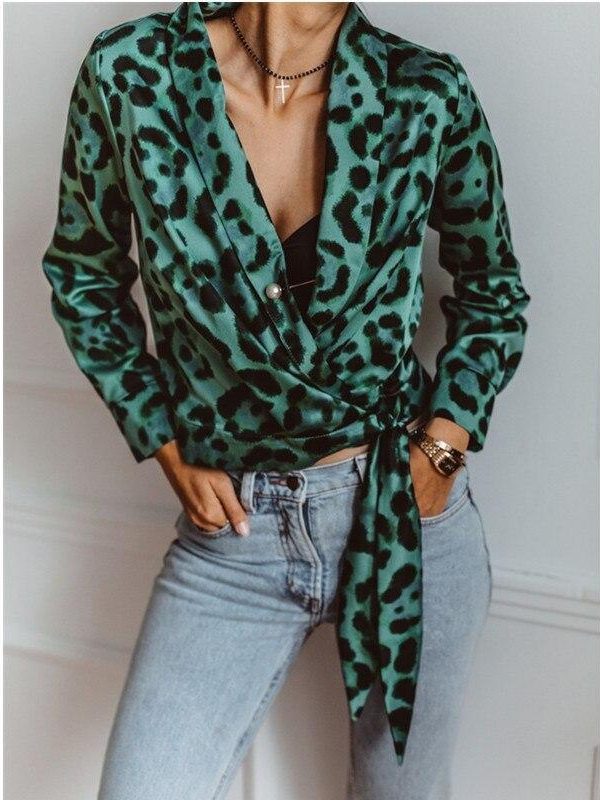 Women Long Sleeve T Shirt Leopard Print V Neck Wrap Tops Autumn Elegant Ladies Tshirt Streetwear Blusas Mujer - Takalr