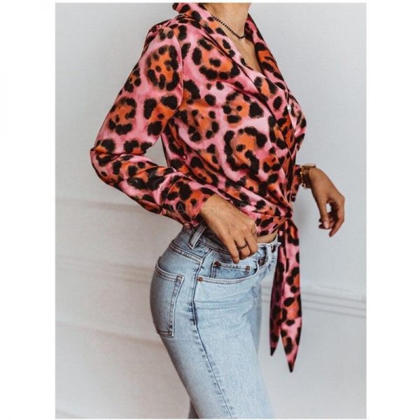 Women Long Sleeve T Shirt Leopard Print V Neck Wrap Tops Autumn Elegant Ladies Tshirt Streetwear Blusas Mujer - Takalr