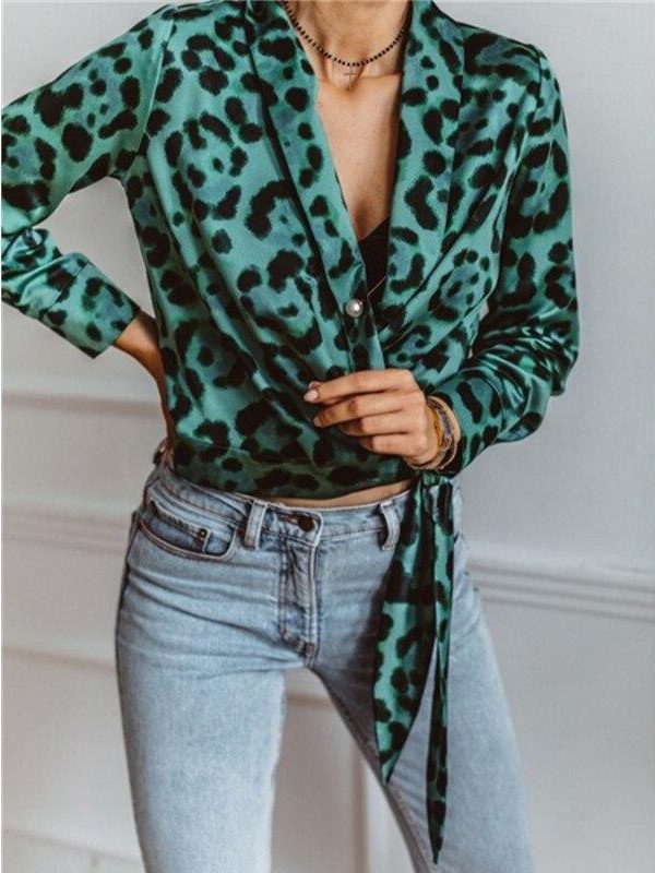 Women Long Sleeve T Shirt Leopard Print V Neck Wrap Tops Autumn Elegant Ladies Tshirt Streetwear Blusas Mujer - Takalr